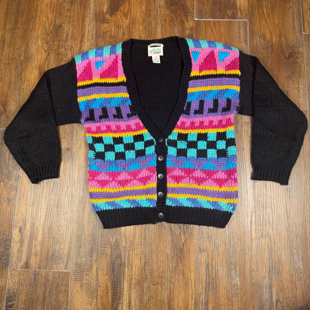 Center Aisle knitted by hand SM geometric colorful cardigan sweater 90s Vintage